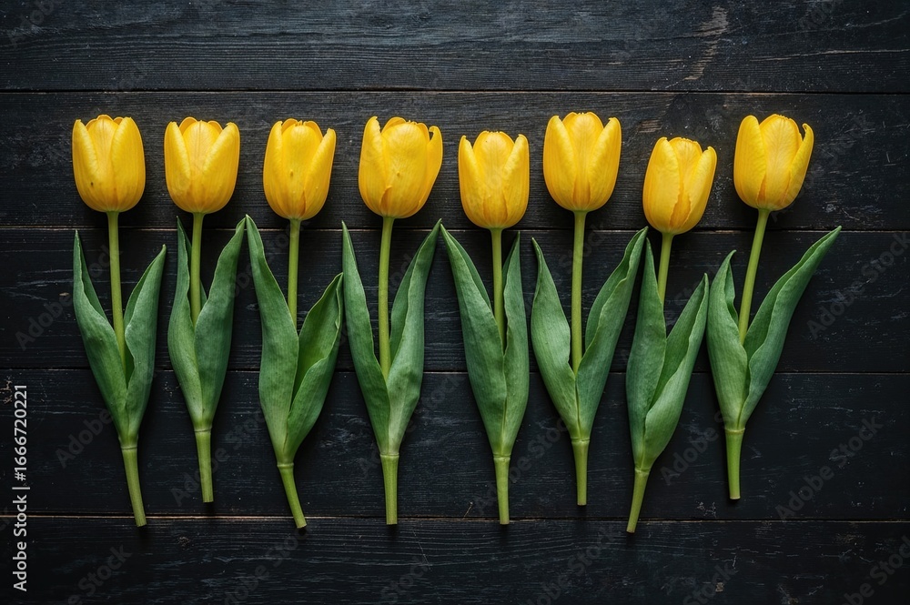 Poster yellow spring tulips arranged in a line on a dark wooden surface. overhead view with space for text.