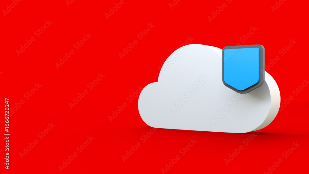 Poster digital cloud with shield isolated on red background. cloud computing, cloud storage and cloud servi