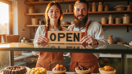 Cozy bakery with welcoming atmosphere, featuring couple holding OPEN sign. Delicious pastries and desserts are displayed in foreground