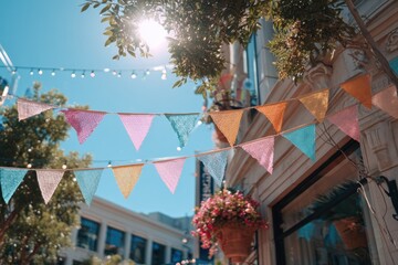 Colorful decorative flags hanging against a vibrant blue sky, creating a festive atmosphere in an outdoor urban setting with sunlight illuminating the scene.