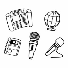 Illustration of journalism tools including newspaper, globe, recorder, and microphone
