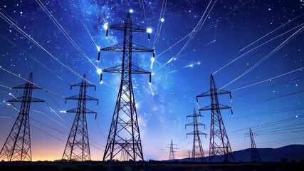 Power transmission tower with digital visualization of electricity against starry night sky. Futuristic concept of smart grid, renewable energy, and sustainable electricity infrastructure. - Powered by Adobe