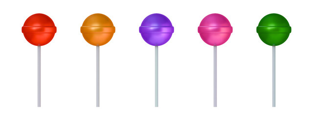 Set of round colorful sweet lollipops isolated on background. 3d colored sugar candies on stick. 3D render illustration.