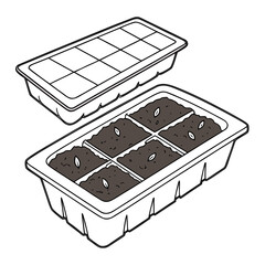 Illustration of a seed starting tray filled with soil and seeds next to an empty tray with a lid