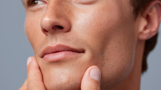 Close up of young man face showing smooth skin and natural lips with hand gently touching chin, highlighting healthy skin texture and subtle facial hair