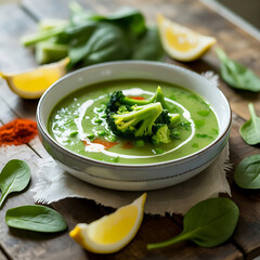 A creamy, fresh vegetable soup with broccoli and mushrooms in a white bowl