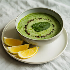 Creamy pea soup with fresh green tea and lemon served in a white bowl