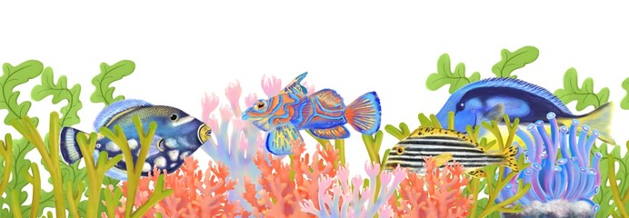 Horizontal seamless banner with underwater coral reef landscape, waving seaweed and bright fishes. Marine scene is ideal for sea designs, childrens books, aquatic games, educational visuals.
