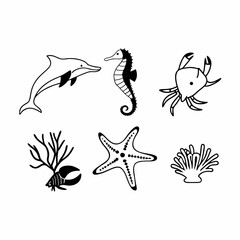 Fototapeta premium Hand drawn doodle set of sea animals for design use