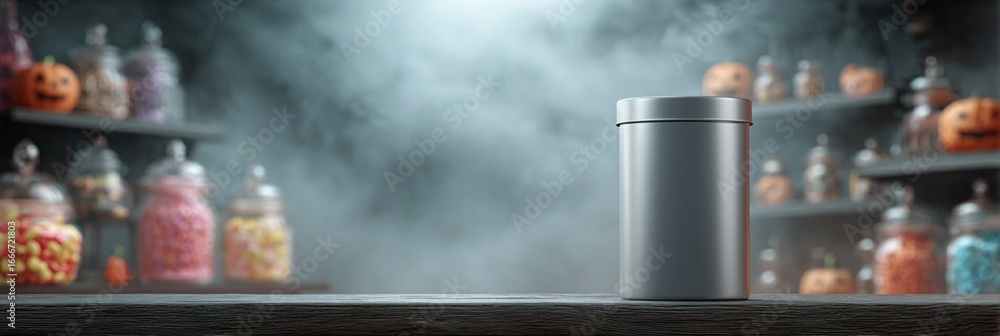 Aufkleber sleek metallic container stands on dark surface with blurred background of colorful glass jars, crea