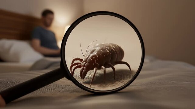 Magnified Close Up Of Dust Mite On A Bed With A Person In The Background and Magnifying Glass