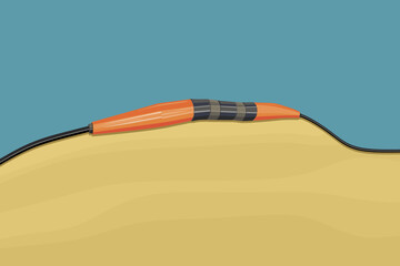 Submarine cable with joint box on the seabed. Vector illustration.