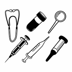 Obraz premium Medical equipment icons including stethoscope, test tube, magnifier, syringe and thermometer