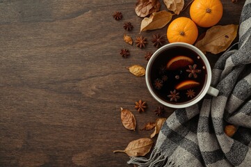 A warm mug of spiced wine surrounded by autumn leaves, oranges, and a cozy scarf on the table, evoking a chilly season atmosphere with space for text.