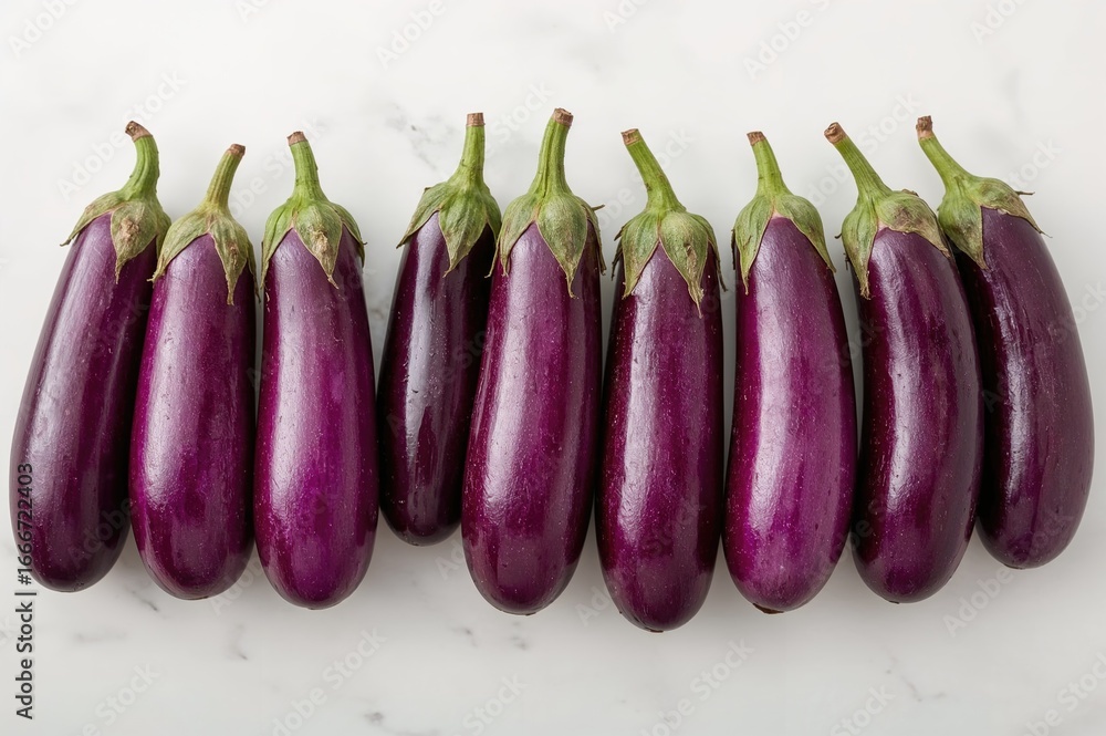 Poster several purple eggplants of varying sizes are neatly lined up on a surface, all pointing the same wa