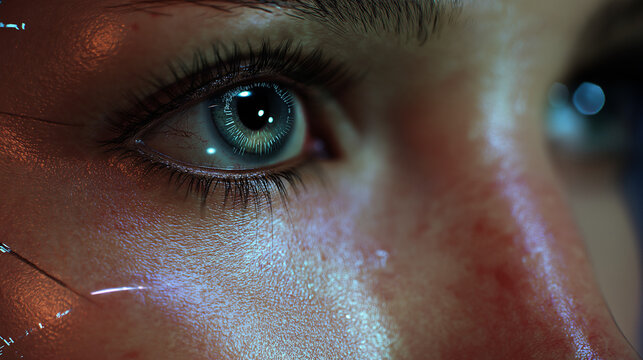 AI-powered humanoid robot face close-up, realistic skin texture with digital elements, cinematic lighting - Powered by Adobe