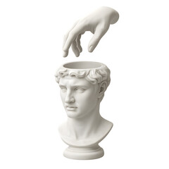 White plaster bust of a man with a hand reaching into its head isolated on transparent background