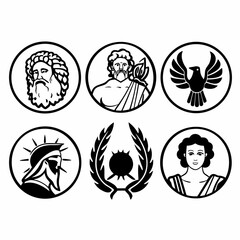 Collection of ancient greek gods and symbols, including zeus, eagle, helmet, and laurel wreath