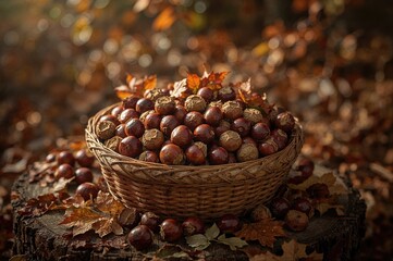 A rustic wooden container brimming with chestnuts collected in the fall season against a soft-focus backdrop