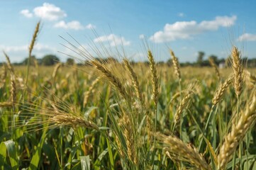 Obraz premium Close-up of a farm field with golden grass nearly ripe for gathering under a clear blue sky
