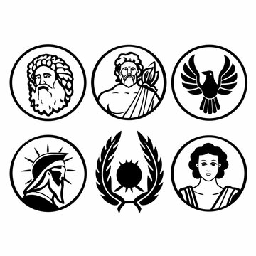 Collection of ancient greek gods and symbols, including zeus, eagle, helmet, and laurel wreath