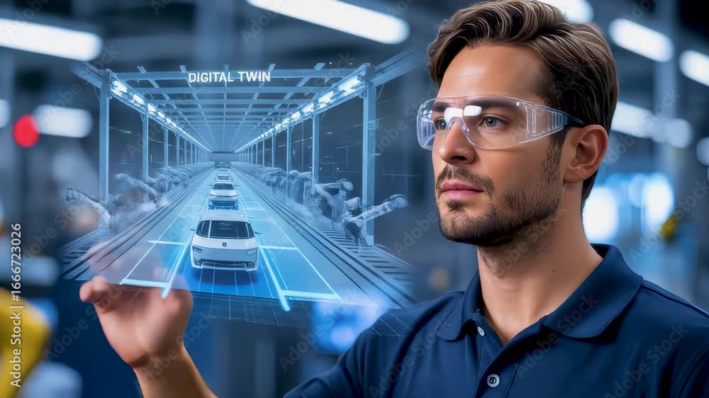 Poster caucasian male engineer using augmented reality interface to monitor autonomous ev factory digitizat
