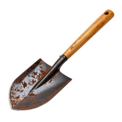Rusty shovel with wooden handle close up on transparent background