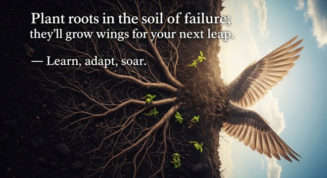 A surreal concept of roots with wings growing from the soil, with a quote about learning from failure. - Powered by Adobe