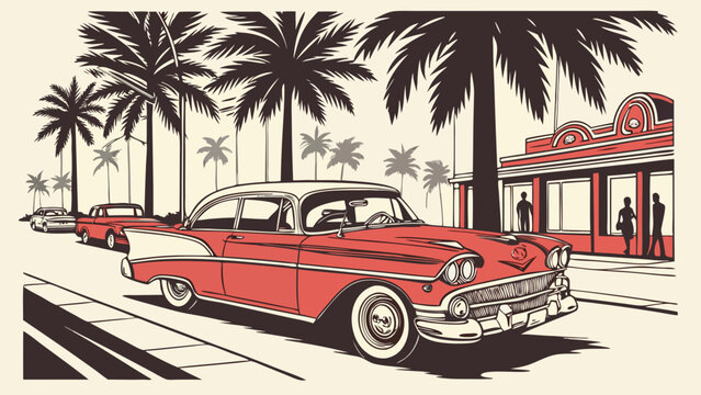 vintage car parked on a palm lined street