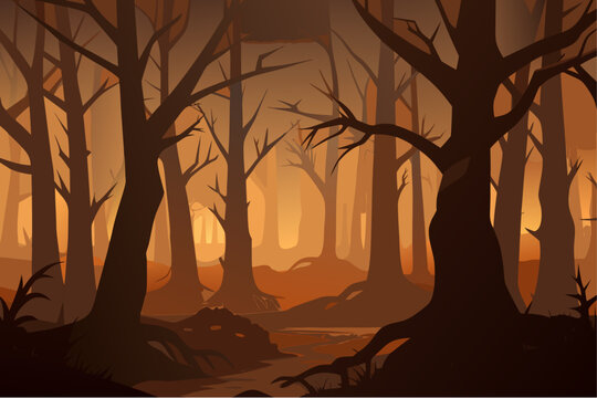 Mysterious forest with bare trees and misty orange hues