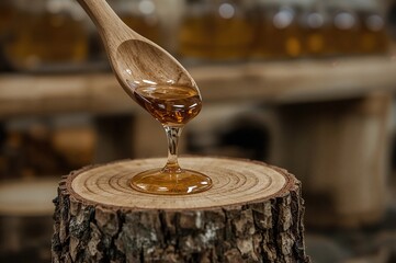 Sweet maple sap flows from a wooden spoon onto a log inside a traditional sugar shack dining spot on rural farmland.