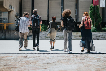 Obraz premium Diverse group of students with backpacks and their professor going to school, walking near a concrete building exterior, evoking concepts of education, camaraderie and exploring learning environments.