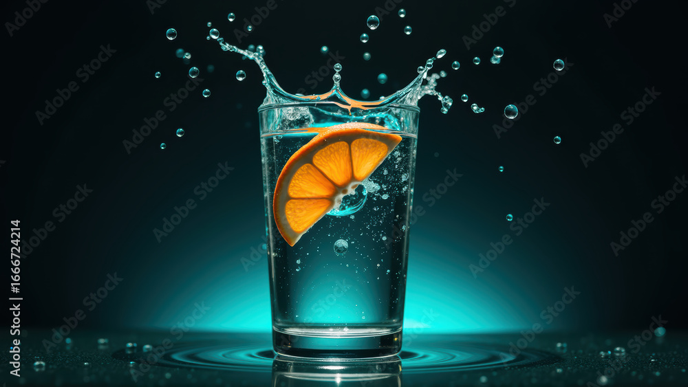 Poster refreshing glass of water splashes with vibrant orange slices, creating lively scene filled with bub