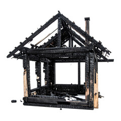 Burnt wooden house structure, charred remains concept on transparent background