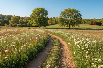 Fototapeta premium A serene trail winding through a vibrant meadow filled with trees and cow parsley