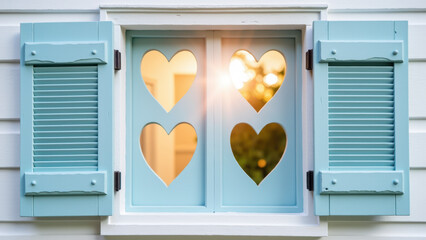 Charming window with heart shaped cutouts, framed by blue shutters, allows warm sunlight to filter through, creating cozy atmosphere