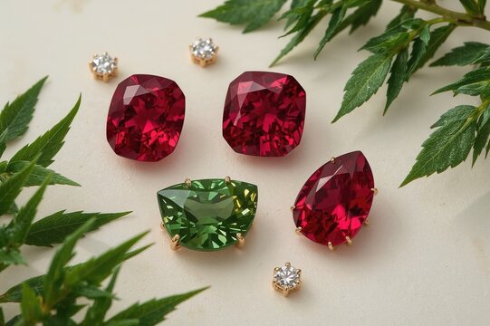 A crimson ruby gemstone resting on a rock and foliage