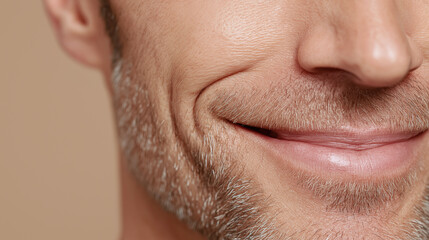 Smiling mature man close up showing facial wrinkles and beard stubble with natural skin texture and happy expression in warm lighting