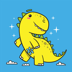 Cute dinosaur walking on clouds holding blue flower, kawaii fantasy art