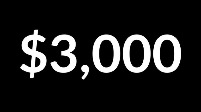 Animated dollar counter increasing from 0 to 6000 on black background