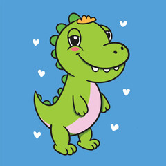 Cute dinosaur wearing crown smiling happily, kawaii character art