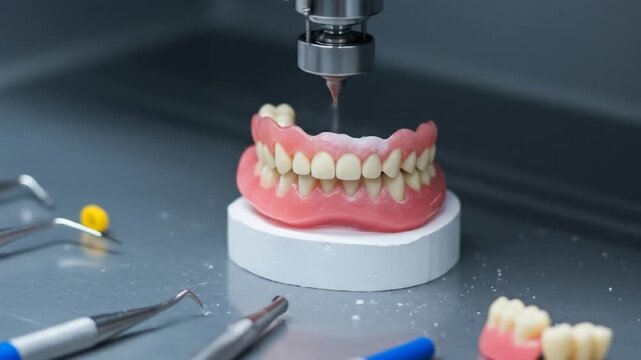 Dental prosthetics procedure with milling machine and denture set on table