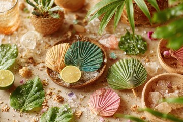 Colorful Fan-Shaped Decorations Surrounded by Tropical Plants and Crystals on a Natural Surface for a Relaxing and Stylish Atmosphere at Home or Event