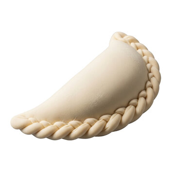 Single uncooked argentinian empanada, crescent-shaped, pale flour-dusted dough, intricate braided repulgue edge, isolated on transparent background with bokeh, artisanal culinary craftsmanship