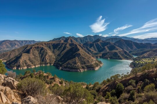 Bird's-eye perspective of a reservoir and adjacent mountain range