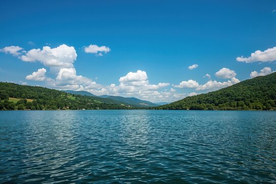 Scenic rural water view in summer with lush greenery