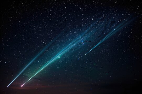 A meteor shower illuminates the nighttime sky.