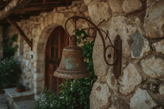 An aged welcome bell showing signs of rust at a house entrance.