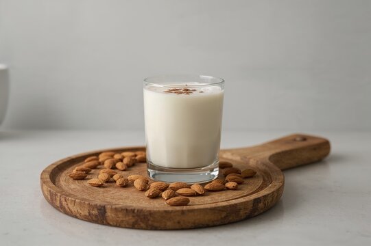 A glass filled with almond beverage alongside whole almonds on a wooden tray