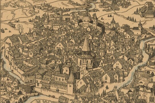 A vintage woodcut-style illustration showcasing medieval village and town architectures